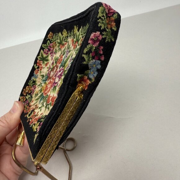Petit-Point Handbag‎ Needlepoint Tapestry Framed Kiss Lock Floral Vintage Retro - Picture 8 of 16